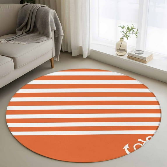 Orange Anchor Round Rug 3ft Washable Circle Entryway Rugs Non Slip Modern Nautical White Geometric Stripes Area Rug Indoor Floor Carpet for Bedroom Kitchen Living Room Home Office Dining Room Nursery