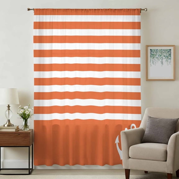 Orange Anchor Sheer Curtains 45 Inches Long, Modern Nautical White Geometric Stripes Light Filering Curtains, Breathable Simi Curtain Privacy Drapes for Kitchen Bathroom Small Window Treatment