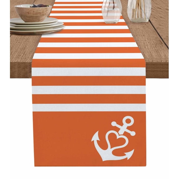 Orange Anchor Table Runner 48 Inches, Modern Nautical White Geometric Stripes Bed Runner Dresser Scarves Tabletop for Indoor Outdoor Parties/Ceremony/Banquet, 13" x 48"