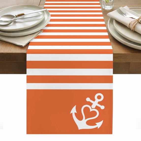 Orange Anchor Table Runner - 70 Inch Long, Kitchen Dining Table Runner Dresser Scarves, Modern Nautical White Geometric Stripes Farmhouse Decor for Coffee Tables Wedding Party Banquet