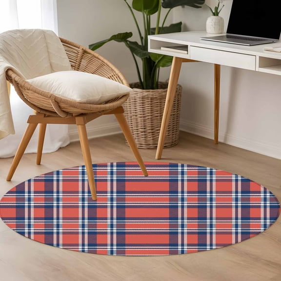 Orange And 3.3ft Round Rug for Bedroom Reading Corner, Blue British Style Plaid Washable Non Slip Circle Area Rug