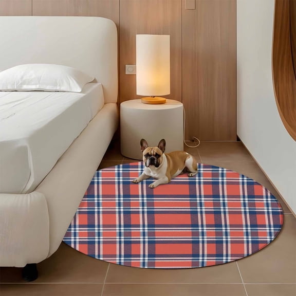 Orange And 3ft Round Rug for Bathroom Accent Bedside Corner, Blue British Style Plaid Washable Non Slip Circle Area Rug for Small Spaces