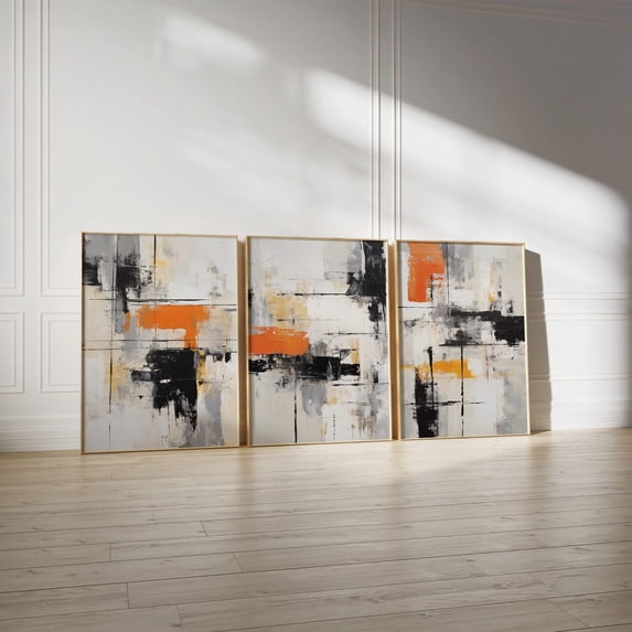 Orange And Black Abstract Prints Set Of 3, Modern Brush Stroke Wall Art ...