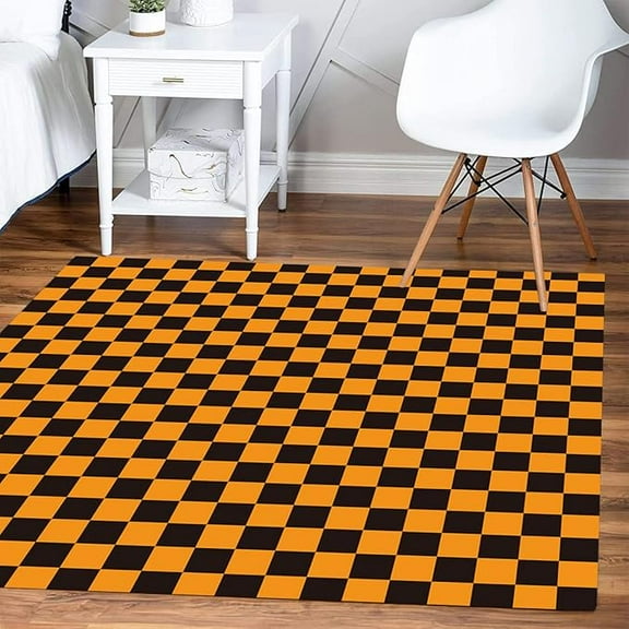 Orange And Black Checkered Area Rug For Living Room Bedroom Soft Carpet Under Dining Table Retro Accent Home Office Floor Covers Runner Rug 5 x 8ft