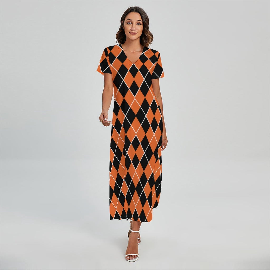 NOBRAND Orange And Black Halloween Argyle Printed Short Sleeve Maxi Dress, Halloween Decorative Fashion Summer Maxi Dress For Women, Women's, Size: