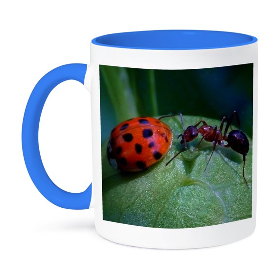 3dRose, Orange and black lady bug and ant on a green leaf, 15oz Two-Tone Blue Mug