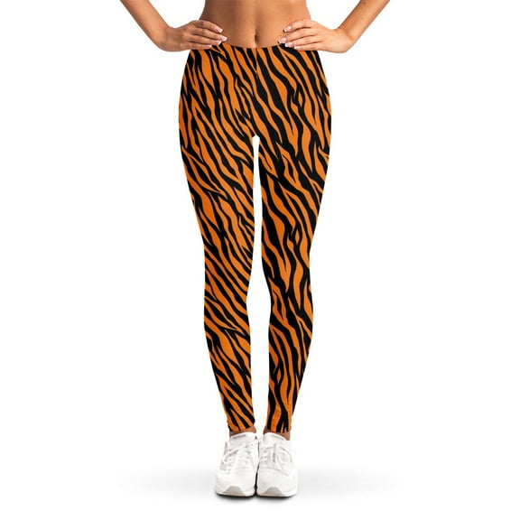 Orange And Black Tiger Stripe Print Leggings, Tiger Wide Animal Sexy Yoga Leggings For Women.