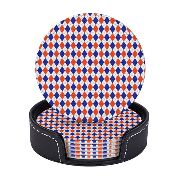 Orange And Blue Traditional Argyle All Over Print Coasters With Leather Holder Set Of 6 Round Coasters for Home and Kitchen Decor