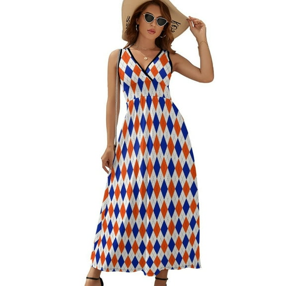 Orange And Blue Traditional Argyle All Over Print Dress Summer Street Style Bohemia Long Dresses Female Sleeveless Printed Maxi Dress