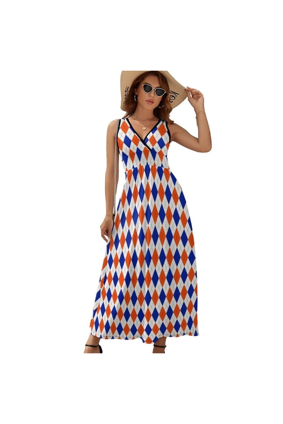 Orange And Blue Traditional Argyle All Over Print Dress Summer Street Style Bohemia Long Dresses Female Sleeveless Printed Maxi Dress