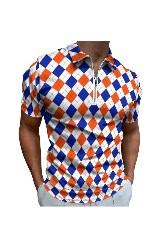 Orange And Blue Traditional Argyle All Over Print Men Zipper T-shirt Summer Casual Short Sleeve T-shirt Top