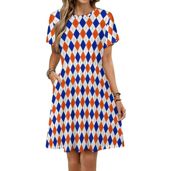 Orange And Blue Traditional Argyle All Over Print Short Sleeve Dress Women Summer Evening Dresses Ladies Sundress