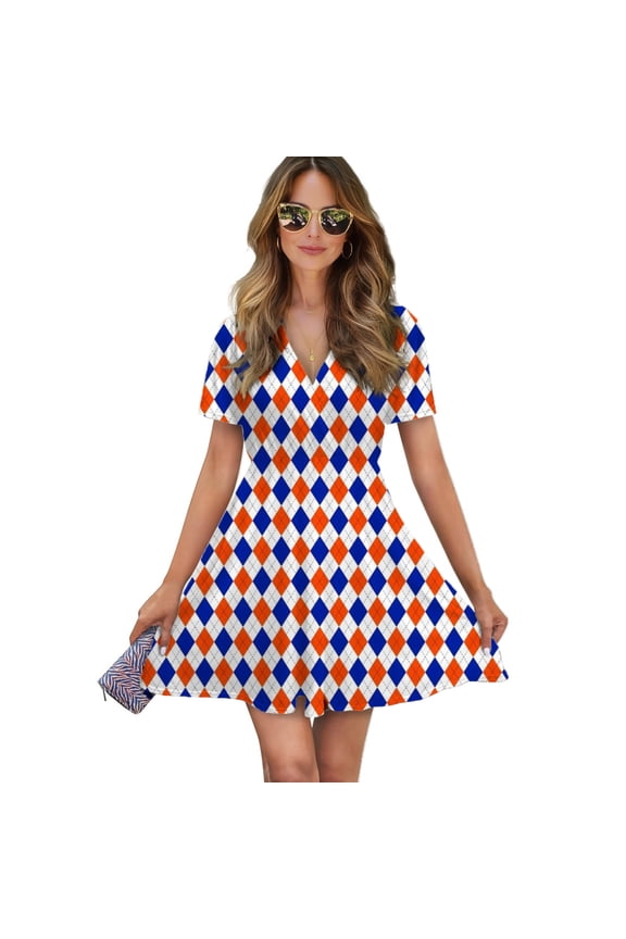Orange And Blue Traditional Argyle All Over Print Women Dress V-Neck Short Sleeve Flowy Swing Party Midi Dress