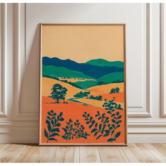 Orange And Green Landscape Print Abstract Countryside Hills Wall Art Modern Scenic Illustration