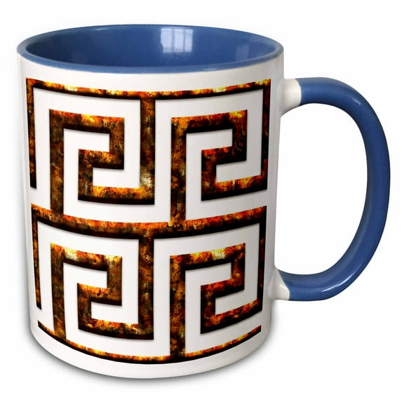 3drose, Orange and Image of Rust Greek Key Geometric Pattern, 11oz Two-tone Blue Mug