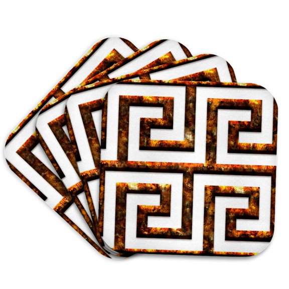3drose, Orange and Image of Rust Greek Key Geometric Pattern, Set of 4 Coasters - Soft