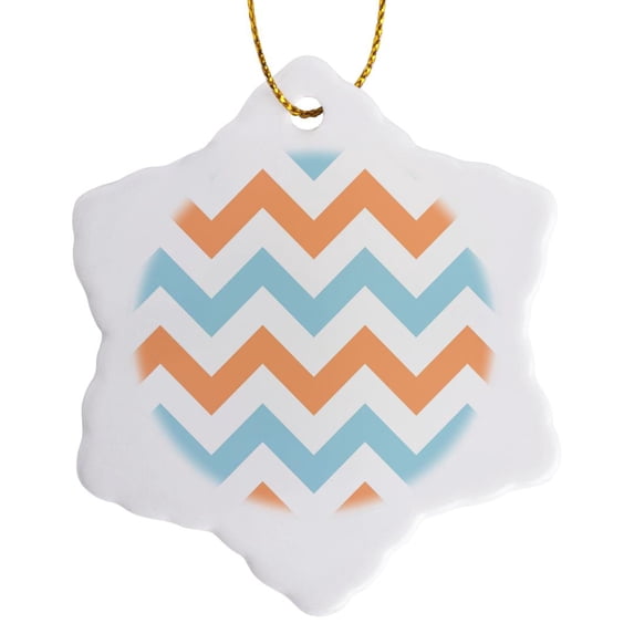 3drose, Orange and Light Blue Chevron Zig Zag Pattern - White Zigzag Stripes, 3 inch Snowflake Porcelain Ornament