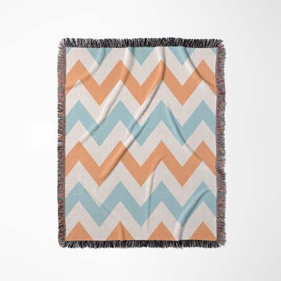 Orange And Light Blue Chevron Zig Zag Pattern - White Zigzag Stripes, Woven Blanket