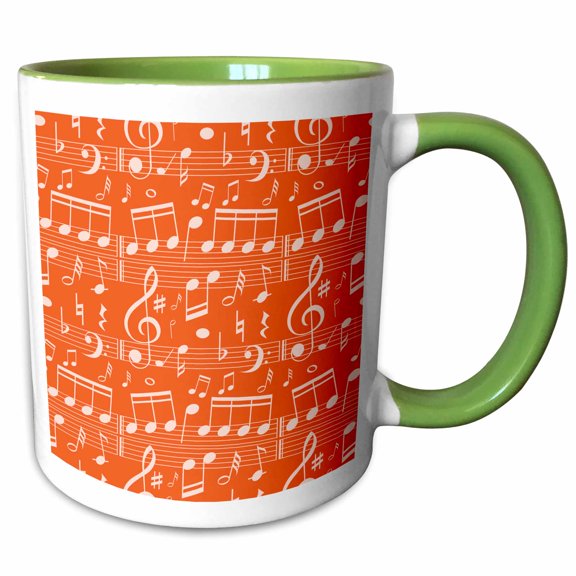 3drose, Orange and Off White Musical Notes Pattern, 11oz Two-tone Green Mug