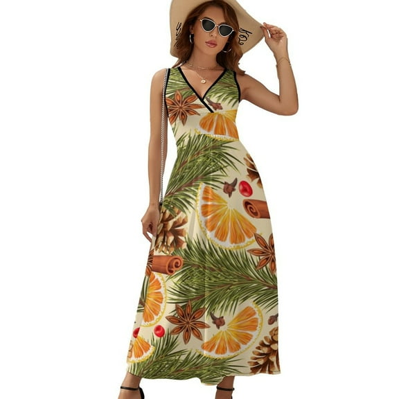 Orange And Spice Pinecones Christmas Dress Summer Street Style Bohemia Long Dresses Female Sleeveless Printed Maxi Dress