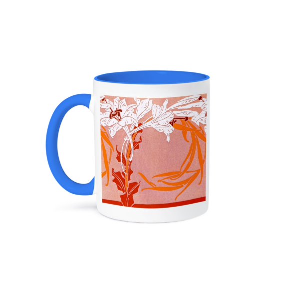 3dRose, Orange and White Nouveau, 15oz Two-Tone Blue Mug