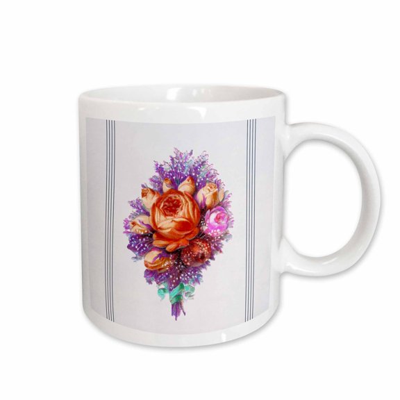 3drose, Orange and Yellow Rose Bouquet with Turquoise Ribbon on a Light Purple Background with Dark Line, 11oz Mug