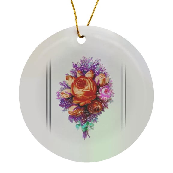 3drose, Orange and Yellow Rose Bouquet with Turquoise Ribbon on a Light Purple Background with Dark Line, Circle Porcelain Ornament