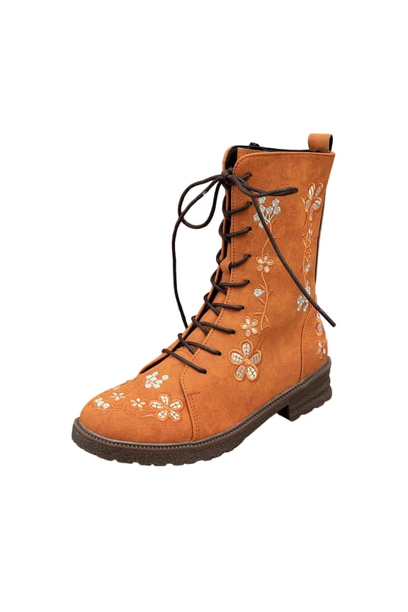 Orange Ankle-Length Boots For Women With Flower Embroidery Front Lace-Up And Side Zipper Low Heel Round Toe Design