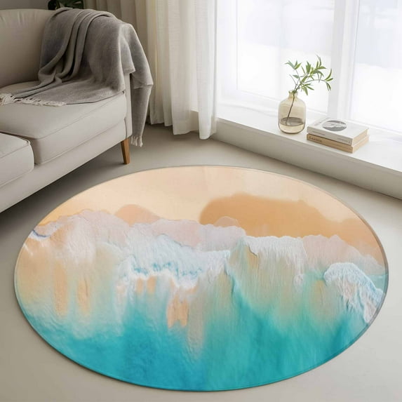 Orange Aqua Coastal Round Area Rug 3.3 FT, Non Slip Small Entryway Kitchen Mat, Summer Beach Seaside Nautical Washable Soft Circular Rug Non-Shedding Door Mat for Bathroom Playroom Kids Room