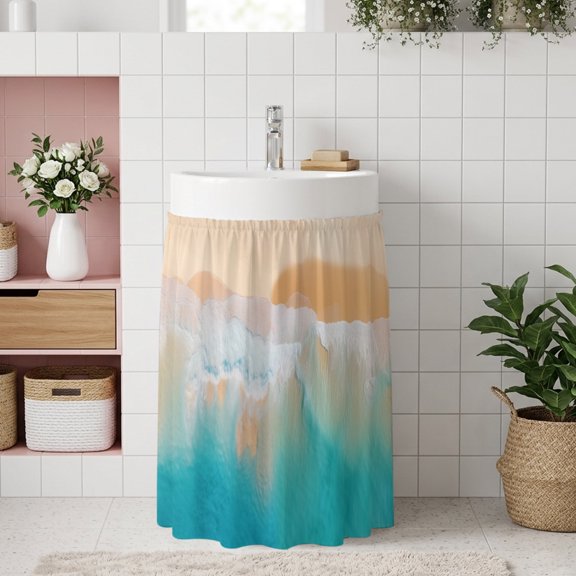 Orange Aqua Coastal Small Sink Skirt 10''x11'', Summer Beach Seaside Nautical Bathroom Vanity Utility Cabinet Curtain, Kitchen Under Sink Laundry Privacy Drape Waterproof Closet Curtains