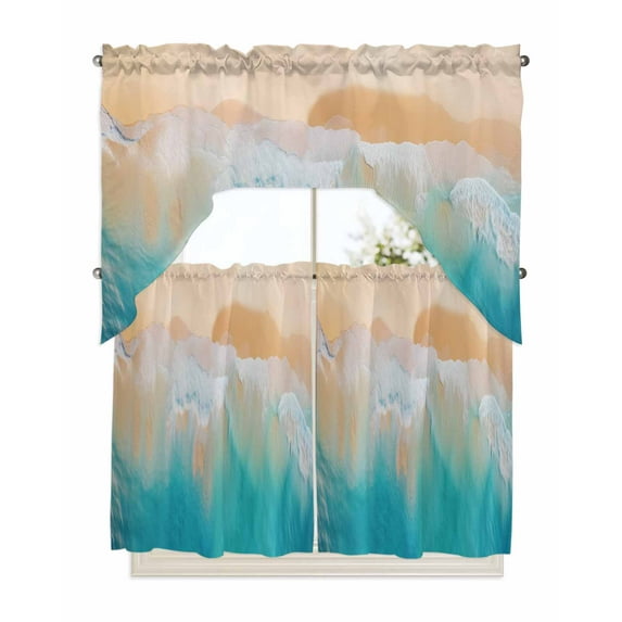 Orange Aqua Coastal Swag Valance and Tier Curtains 36'' Length Set, Summer Beach Seaside Nautical Light Filtering Kitchen Curtains, Tier Curtain Valances for Bathroom/Living Room/Bedroom/Café