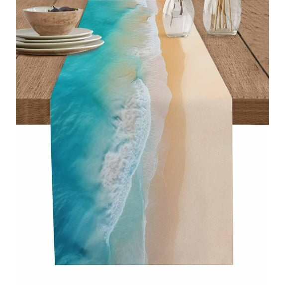 Orange Aqua Coastal Table Runner Summer Beach Seaside Nautical Tablerunners 13 x 90 Inch, Table Decorations Tabletop Scarf for Summer Gathering Holiday Farmhouse Kitchen Dining Decor