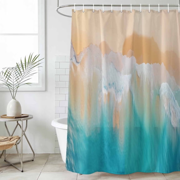 Orange Aqua Coastal Waterproof Shower Curtain, Stall 36"x72" Washable Polyester Fabric Shower Curtains for Bathroom, Summer Beach Seaside Nautical Decorative Bathtub Curtain Sets with Hooks