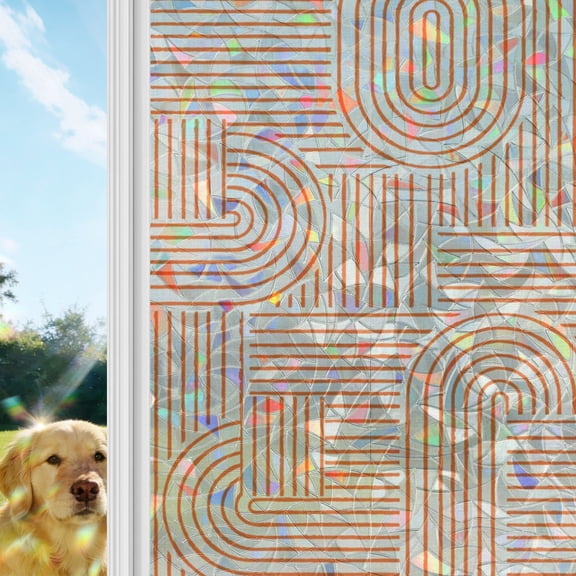 Orange Arches Rainbow Window Privacy Film, Abstract Modern Minimalist Curves Line Geometric Stained Glass Window Film, Sun Blocking Glass Clings Non Adhesive Door Stickers 17.7 x 39.3 Inches