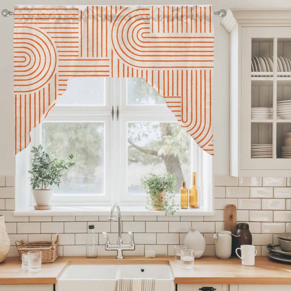 Orange Arches Swag Curtain Valance for Windows, Abstract Modern Minimalist Curves Line Geometric Swag Curtains Drapes Rod Pocket for Kitchen Bathroom Small Window, 1 Panel 56x36in