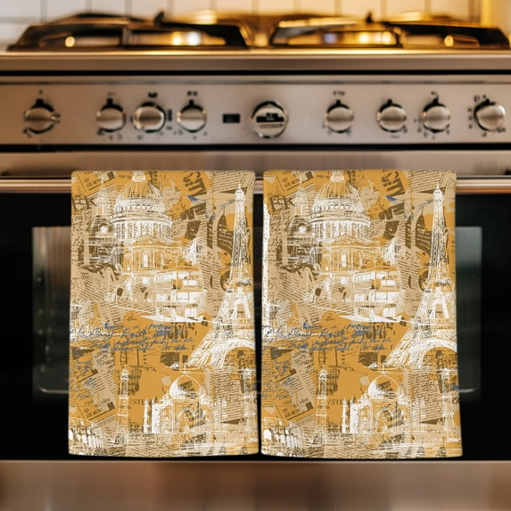 Orange Architecture Kitchen Towels Set of 2, Abstract City Vintage Modern Art Absorbent Dish Towels for Kitchen, Microfiber Hand Towel, Quick Drying Tea Towel for Cleaning Decorative Dishcloths