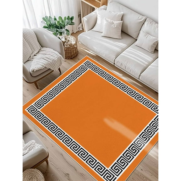 Orange Area Rug for Bedroom 3x5 Ft Greek Chinese Style Border Geometric Super Soft fuzzy Throw Rug Non-Slip Fluffy Plush Indoor Floor Carpet for Living Room Nursery Home Decor
