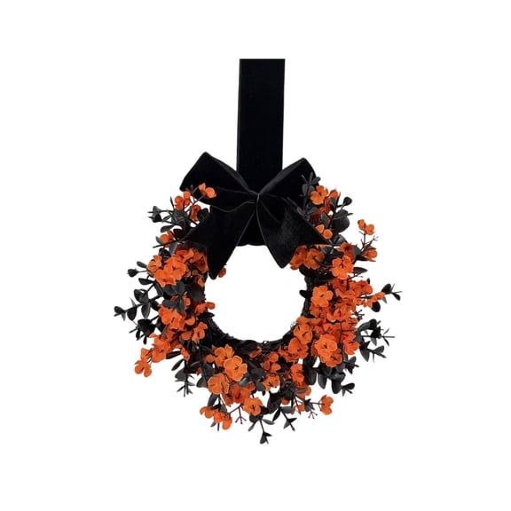 Orange Artificial Floral Front Door Wreath Handcrafted With Velvet Bow And Hanging Ribbon Fall Halloween Themed Garland