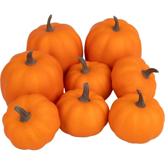 Orange Artificial Pumpkins, Harvest Decor Foam Pumpkin 8 PCS Set for Halloween Thanksgiving Fall Decorations, Realistic Faux Pumpkins for Festive Home Decor