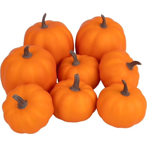 Orange Artificial Pumpkins, Harvest Decor Foam Pumpkin 8 PCS Set for Halloween Thanksgiving Fall Decorations, Realistic Faux Pumpkins for Festive Home Decor