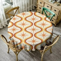 Orange Atomic Tablecloth, Mid Century Modern Yellow Burgundy Oval Shapes Pattern Table Cloth Cover for Holiday Home Picnic Party Wedding Buffet Parties Camping Round(60x60in)