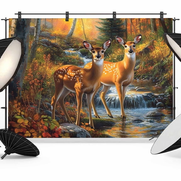 Orange Autumn Deer Backdrop for Photoshoot, Photography Photo Studio Background Wall Backdrop, Forest Vintage Elk Back Drop Banner Panel for Portraits Wedding Party Live Streaming Decor 8x6Ft