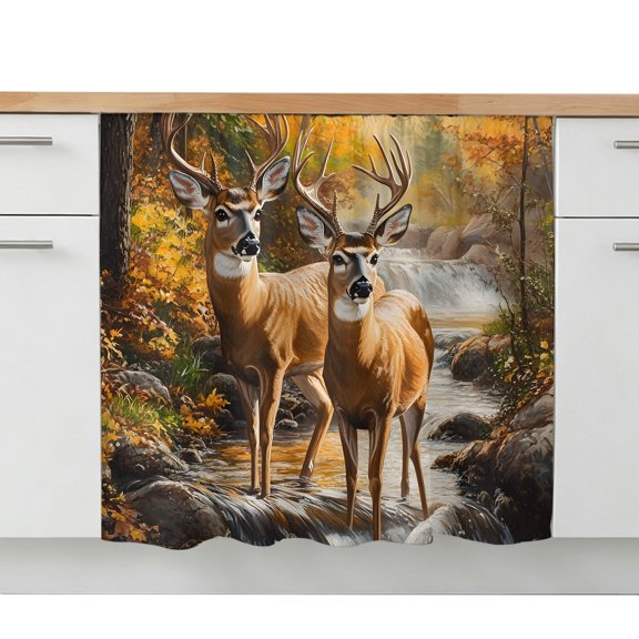 Orange Autumn Deer Cabinet Curtains 28"W x 35"L, Dustproof Sink Skirt Curtain for Kitchen Bathroom, Vintage Forest River Adhesive Desk Skirt Short Curtains for Laundry Room Closet Shoe Rack