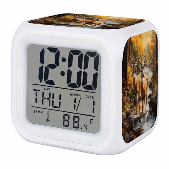 Orange Autumn Deer Digital Alarm Clock for Bedrooms, Smart LED Alarm Clock with 7 Color Changing Night Light, Vintage Forest River Silent Wake Up Clocks for Sleep Study Cooking 3.2"x3.2"
