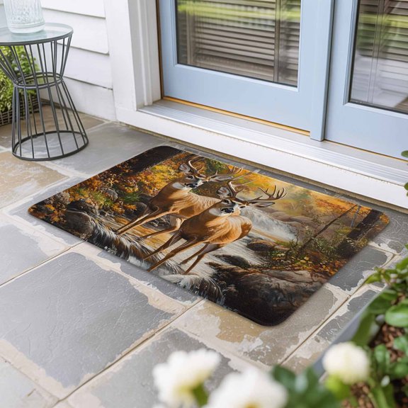 Orange Autumn Deer Door Mat Indoor Outdoor, Vintage Forest River Non Slip Welcome Mat with Rubber Backing, Absorbent Fabric Front Door Mats Entryway Rug for Home Patio Entrance 16"x24"