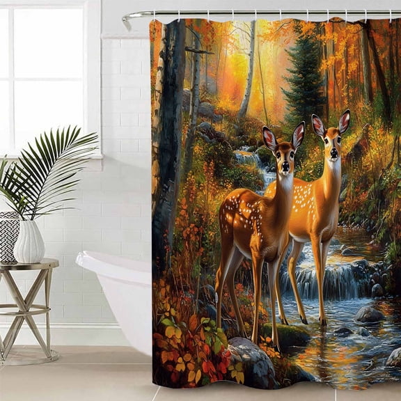 Orange Autumn Deer Extra Long Shower Curtain Set, Waterproof Shower Curtains for Bathroom, Forest Vintage Elk Washable Fabric Cloth Bath Curtain for Bathtub Decoration with Hooks 72x96 Inches