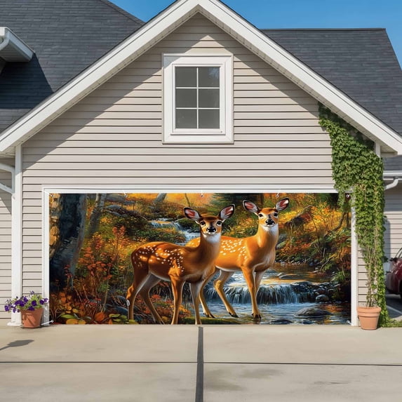 Orange Autumn Deer Garage Door Cover Banner 7 x 16 FT, Forest Vintage Elk Garage Door Curtains Backdrop with Grommets for Indoor Outdoor Wall Party Porch Yard Decorations Background