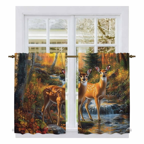 Orange Autumn Deer Kitchen Curtains, Forest Vintage Elk Light Filtering Window Curtain Panels, 2Pcs Rod Pocket Window Treatments Set for Cabin Bathroom Bedroom 52x45 Inches