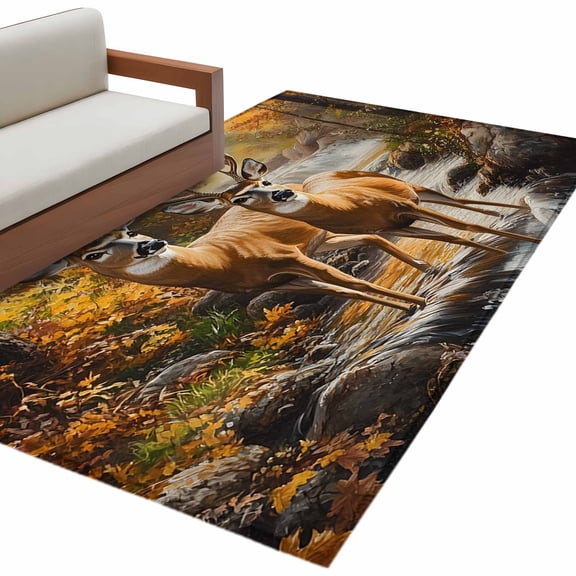 Orange Autumn Deer Large Area Rugs for Bedroom Living Room, Soft Non Slip Carpet Bedside Rug, Vintage Forest River Rectangular Floor Cover Kitchen Accent Rug 4'x6' for Dining Room/Office