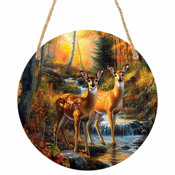 Orange Autumn Deer Round Front Door Welcome Sign, 5.9 Inch Wall Hanging Decor for Indoor Outdoor, Forest Vintage Elk Home Porch Hanger Decorations for Holiday Gift